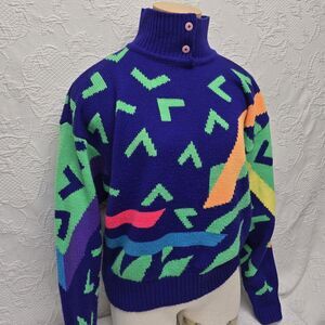 OBERMEYER Vintage 80s Ski Sweater Geometric Design Knit Blue Multi Neon Color L